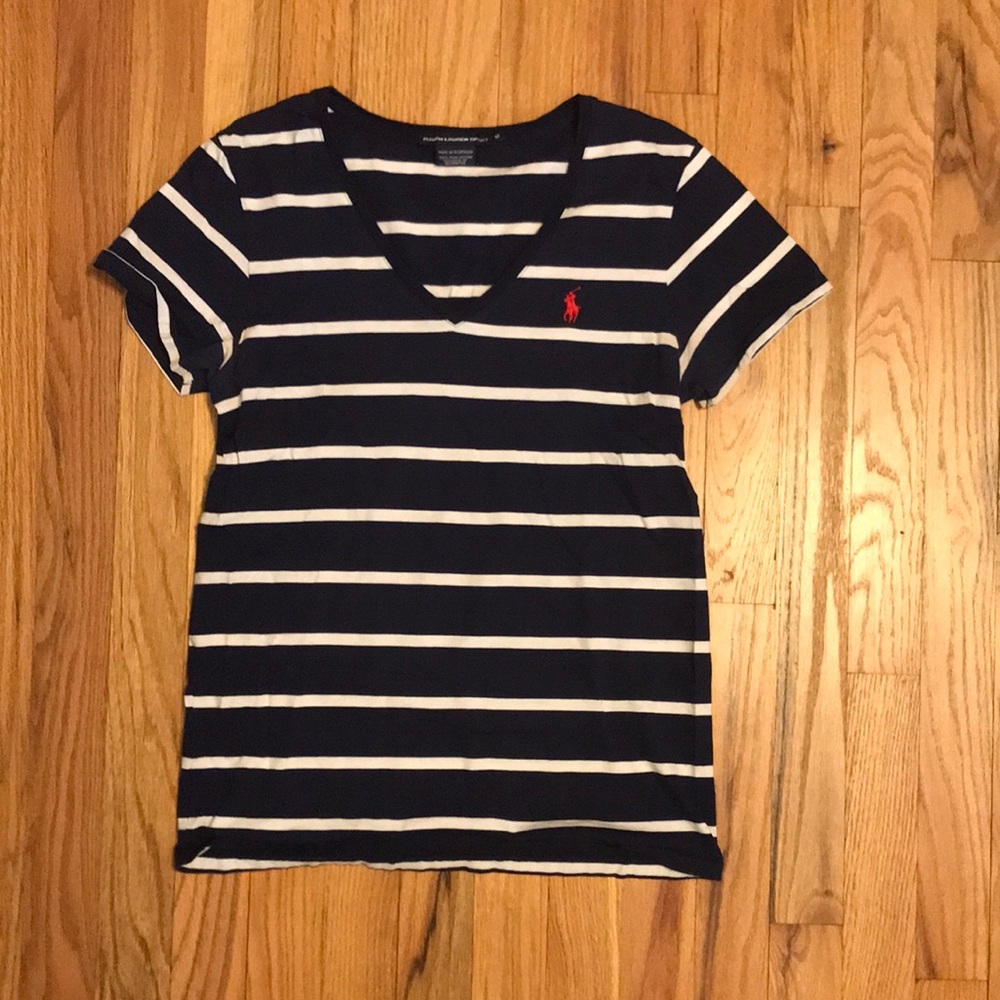 Ralph Lauren navy and white striped v neck
